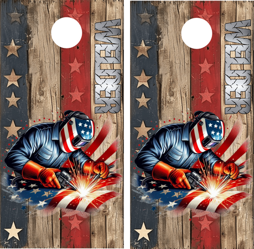 Patriotic Welder Cornhole - Marcum Custom Graphics