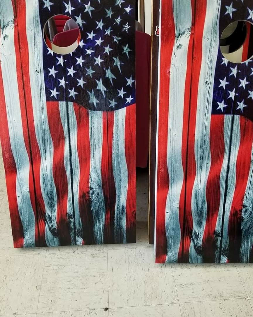 Grey wood American flag cornhole